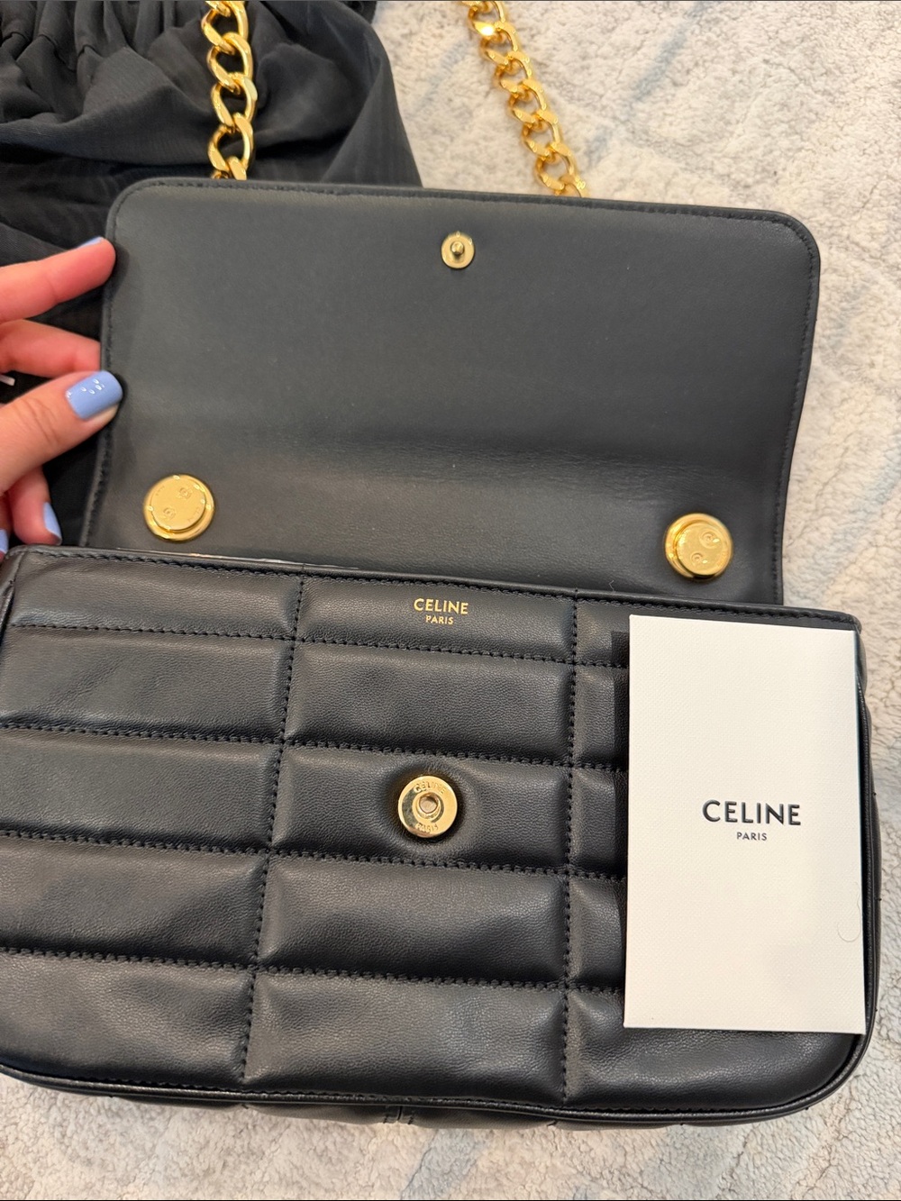 Celine Matelasse MonochromeQuilted Leather Shoulder Bag in Black with Gold Chain - Picture 2 of 15